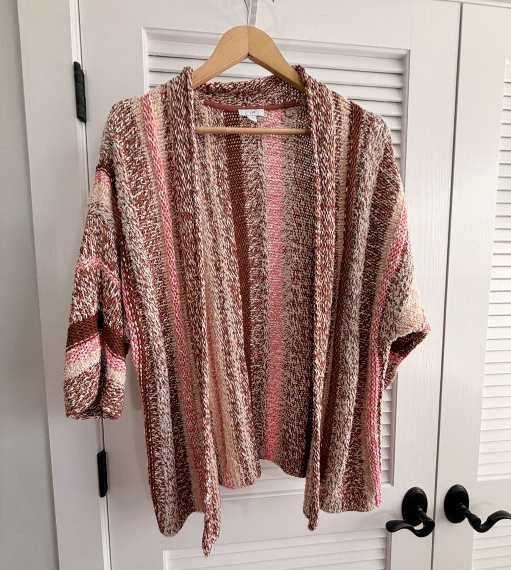J. Jill Chunky Cotton Blend Striped Cardigan M Pink Brown Open Front Boho Fall
